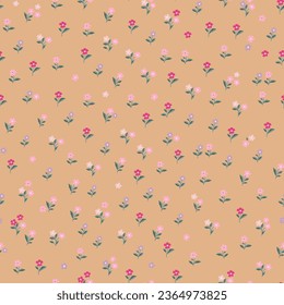 Patrón floral lindo de flores pequeñas. Textura vectorial sin inconvenientes. Una plantilla elegante para impresiones de moda. Impresión con flores rosadas, violetas y fucsia. Fondo beige.