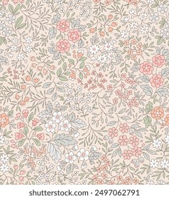 Lindo patrón floral en las Pequeñas flores. Textura de Vector sin costuras. Elegante Plantilla para estampados de moda. Estampado con Pequeñas flores naranjas y rosas. Fondo de marfil.