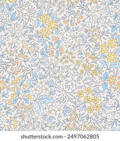 Cute floral pattern in the small flowers. Seamless vector texture. Elegant template for fashion prints. Printing with small white and yellow flowers. White background.