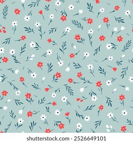 Padrão floral bonito em flores pequenas. Delicadas flores vermelhas e brancas. Fundo azul. Impressão retrô Liberty. Fundo floral sem emenda. Modelo de moda para impressões de moda. Padrão de estoque.