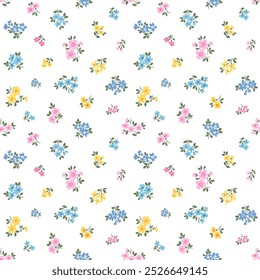 Cute floral pattern in small flowers and leaves. Delicate multicolor flowers. White background. Liberty retro print. Floral seamless background. Bright template for fashion prints. Stock