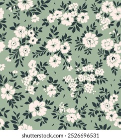 Padrão floral bonito em flores pequenas. Pequenas flores brancas. Fundo verde cinza. Impressão de Ditsy. Fundo floral sem emenda. Modelo de liberdade para impressões de moda. Padrão de estoque.