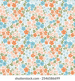 Padrão floral bonito em flores pequenas. Pequenas flores de coral pastel. Fundo branco. Impressão Liberty. Fundo floral sem emenda. Modelo elegante para impressões de moda. Padrão de estoque.