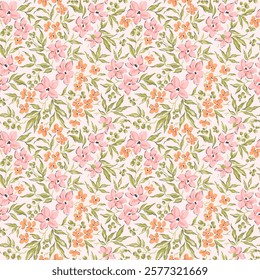 Cute floral pattern in the small flowers. Ditsy print. Motifs scattered random. Seamless vector texture. Gentle template for fashion prints. Printing with small pink flowers. White background.