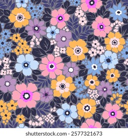 Cute floral pattern in small flowers. Small colorful flowers. Lilac background. Ditsy print. Floral seamless background. Liberty template for fashion prints. Stock pattern.