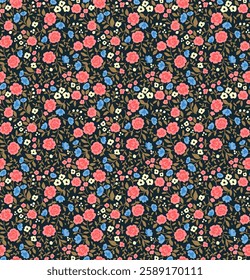 Cute floral pattern in the small flowers. Ditsy print. Seamless vector texture. Elegant template for fashion prints. Printing with small rose-colored flowers. Black background.