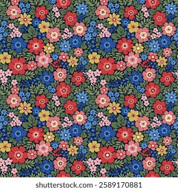 Cute floral pattern in small flowers. Small colorful flowers. Dark blue background. Ditsy print. Floral seamless background. Liberty vintage template for fashion prints. Stock pattern.