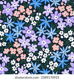 Cute floral pattern in small flowers. Small blue, lilac and pink flowers. Dark blue background. Ditsy print. Floral seamless background. Liberty template for fashion prints. Stock pattern.