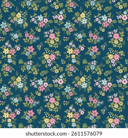 Cute floral pattern in small flowers. Small colorful hand drawn abstract flowers. Dark background. Ditsy print. Floral seamless background. Template with flowers for fashion prints. Stock pattern.