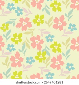 Lindo patrón floral de flores Pequeñas. Color de impresión en una flor. Textura de Vector sin costuras. hermosas flores de colores. fondo amarillo verde pálido. patrón elegante para impresiones de moda