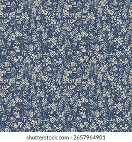 Lindo patrón floral en Pequeñas flores. Pequeñas flores beige dibujadas a mano. Fondo azul oscuro. Impresión sucia. Fondo floral sin fisuras. Plantilla con flores para estampados de moda. Patrón de acciones. Antiguas 