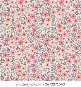 Nettes Blumenmuster in kleinen Blumen. Kleine rote und Korallen handgezeichnete Rosen Blumen. Beiger Hintergrund. Ditsy-Print. floraler, nahtloser Hintergrund. Vorlage mit Blumen für Modedrucke. Stockmuster.