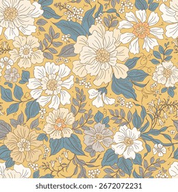 Cute floral pattern in small flowers. Small whit and ivory hand drawn abstract flowers. Yellow gold background. Ditsy print. Floral seamless background. Template with flowers for fashion prints. Stock