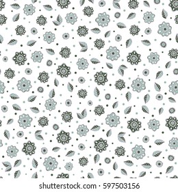 Cute Floral pattern in the small flowers on a white background. Vector abstract flowers in green colors. Seamless pattern Vector illustration.