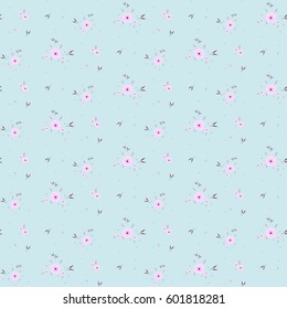 Cute Floral pattern of small flowers. "Ditsy print". Seamless vector texture. Elegant template for fashion prints. Very small pink flowers on blue background.
