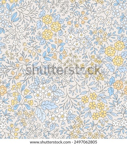 Cute floral pattern in the small flowers. Seamless vector texture. Elegant template for fashion prints. Printing with small white and yellow flowers. White background.