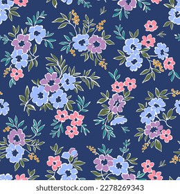 Cute floral pattern in the small gentle flowers. Seamless vector texture. Ditsy template for fashion prints. Illustration with retro flowers. Blue background.
