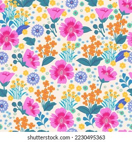 Cute floral pattern. Small and large multicolored flowers. White background. Fancy floral background. An elegant template for fashionable prints.