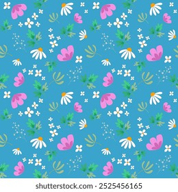 Padrão floral bonito e folhas pequenas espalhadas em um fundo azul. Cores coloridas e doces. Projetado para impressão, padrão de tecido, embrulho para presentes, artesanato e projetos feitos à mão.