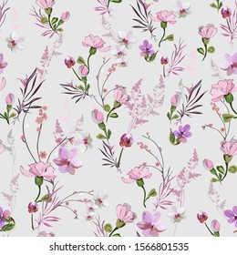 Cute floral pattern with small pink flowers of orchids, violets, roses and buds on a light background. Seamless vector with various botanical elements arranged randomly. For textile, wallpaper, tile.