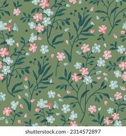 Cute floral pattern of small red flowers. Seamless vector texture. An elegant template for fashionable prints. Print with small red flowers and green leaves. Green background.