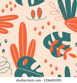 Cute floral pattern with tropic leaves and hand drawing elements on the light background.Trendy hand drawn texture for paper, wallpaper, cover, fabric, Interior decor 