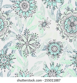Cute floral pattern. Vector illustration of flowers in a cartoon style. Can be used for curtains, wallpaper, pattern fills, web page background, surface textures.