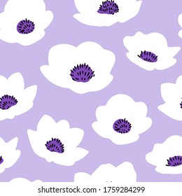 Cute floral pattern. White flowers on violet background.  Seamless vector texture. Hand drawn illustration. Template for print, textile, packaging.