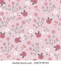 Cute floral pattern with white and pink flowers, and small hearts. Vector illustration for clothes, fabric, wrapping paper.