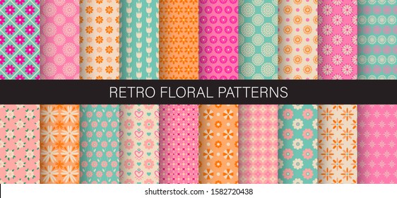 Cute floral patterns. Set of seamless vector patterns with vintage flower ornament. Elegant simple floral background. Patterns for holiday birthday celebrations, cute baby invitation. Retro chic color