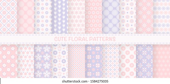 Cute floral patterns. Set of seamless vector patterns with flower ornament. Elegant simple floral background. Patterns for holiday birthday celebration, cute baby invitation. Light delicate chic color