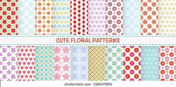Cute floral patterns. Set of seamless vector patterns with vintage flower ornament. Elegant simple floral background. Patterns for holiday birthday celebrations, cute baby invitation. Retro chic color