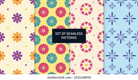 Cute floral patterns. Set of seamless vector patterns with flower ornament. Elegant simple floral background. 