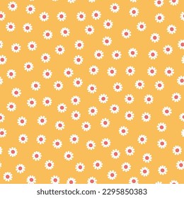 Cute floral patterns in a small flower. Child print. Motives are scattered randomly. Seamless vector texture. Template for fashion prints. Print with small daisies on a yellow background.