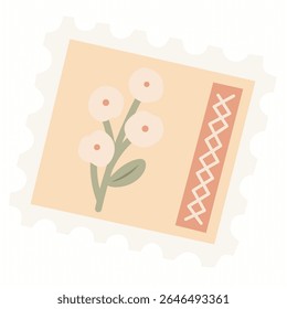 Carimbo de correio floral bonito em cores suaves com bordas recortadas. Perfeito para viagens, cartas de amor, ou projetos com temas de correspondência.