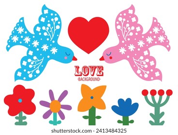 Cute floral poster with spring flower and bird. Vintage flowers illustration. Template for fashion prints.
