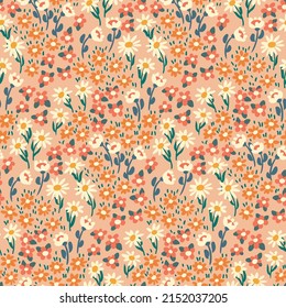 A cute floral print with a delicate blooming meadow, small flowers, leaves, grass on a pastel pink field. Seamless pattern, romantic botanical background with pretty drawing wild plants. Vector.