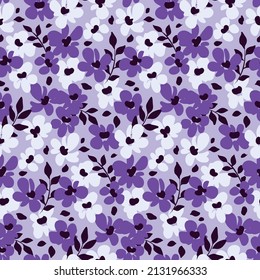 Cute floral print with liberty blue flowers. Seamless pattern with small hand drawn flowers, leaves. Romantic botanical background, modern floral surface with simple design. Vector.
