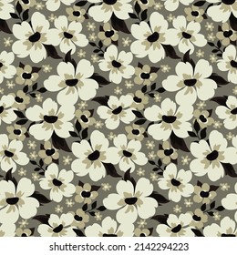 Cute floral print, liberty botanical background with white flowers on a gray field. Seamless pattern with simple sketchy plants, flowers, leaves. Vector illustration.