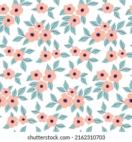 Cute floral print with pink flowers, blue leaves on a white background. Seamless pattern, modern botanical surface design with simple hand drawn plants. Vector illustration.