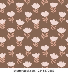 Cute floral print. Pink tulip on brown background hand-drawn digital paper. Cute pastel background. Floral vintage texture with pink flowers, stalk, leaves for clothes, fabrics, design.