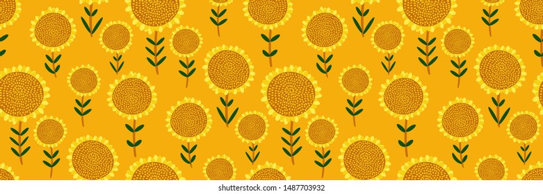 Cute floral print. Seamless pattern with small hand drawn sunflowers on bright yellow background. Abstract botanical panorama, Wallpaper, fabric, template for sunny design...Vector illustration.