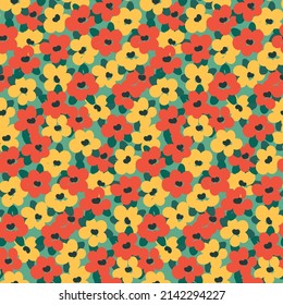 Cute floral print, seamless pattern with liberty flowers field. Simple botanical background with summer meadow, small painted flowers, leaves. Vector illustration.