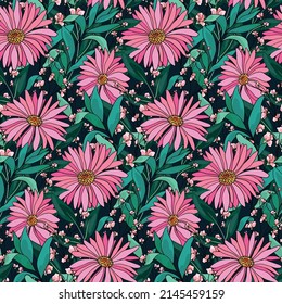 Cute floral print, seamless pattern with painted wild plants in retro style. Trendy botanical background with large flowers, various leaves and herbs. Vector illustration.
