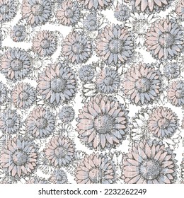 Cute floral print. Seamless pattern with small hand drawn sunflower abstract seamless pattern of stylized sunflowers flowers in pink and blue and white colors linen textured white background.