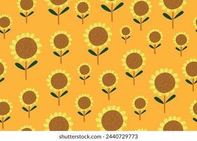 Cute floral print. Seamless pattern with hand-drawn sunflowers on a yellow background. Vector