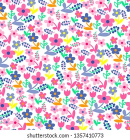 Cute Floral Print. Seamless Vector Pattern. Colorful Illustration. White Background.