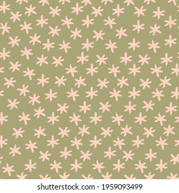 Cute Floral Print. Simple Blush Pink and Green Abstract Starry Vector Pattern. Irregular Hand Drawn Light Pink Stars Isolated on a Pale Green Background. Infantile Style Seamless Print. 