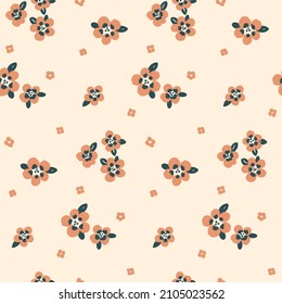 A cute floral print with a simple design. Seamless pattern with small pink flowers, leaves on a light background. Liberty composition of small textured flowers, leaves. Vector.