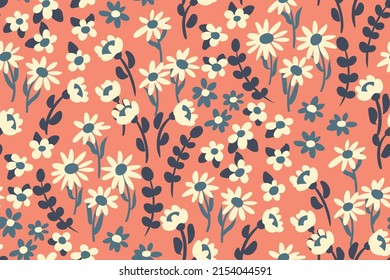 Cute floral print with a simple design. Seamless pattern, cartoon botanical background with retro meadow, small flowers, leaves, herbs on a pink background. Vector illustration.